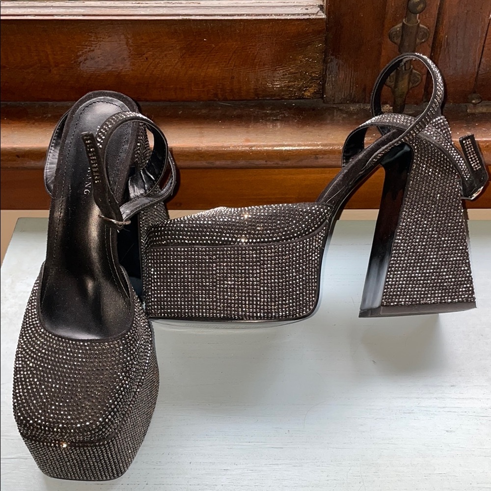 Azalea Wang Black Gunmetal Sparkle Platform Heels with Ankle Straps 8